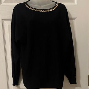 Adrienne Vittadini Black Sweater with Gold Chain Accent